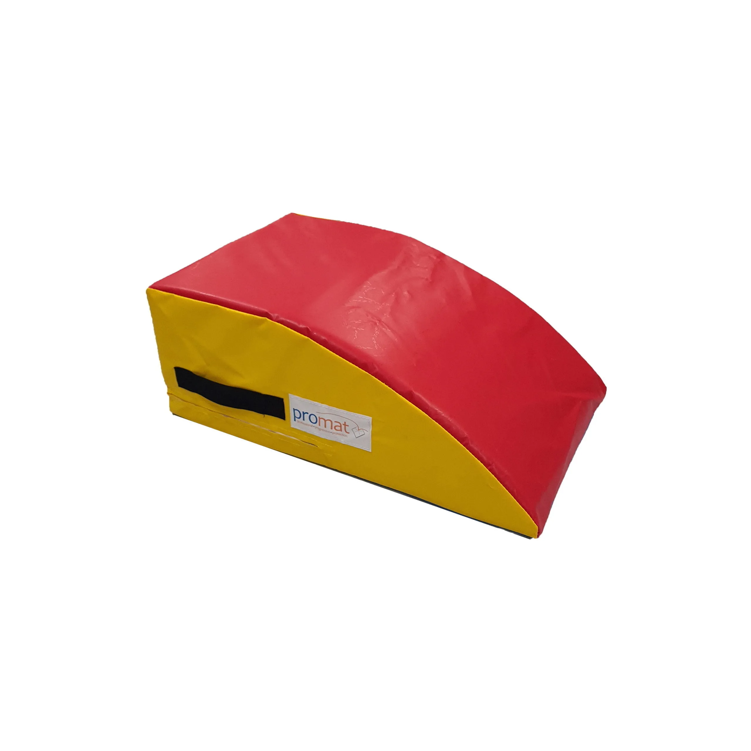 Small red-topped foam springboard with yellow sides, high-density PU foam core, flame-retardant PVC cover and a black carrying handle.