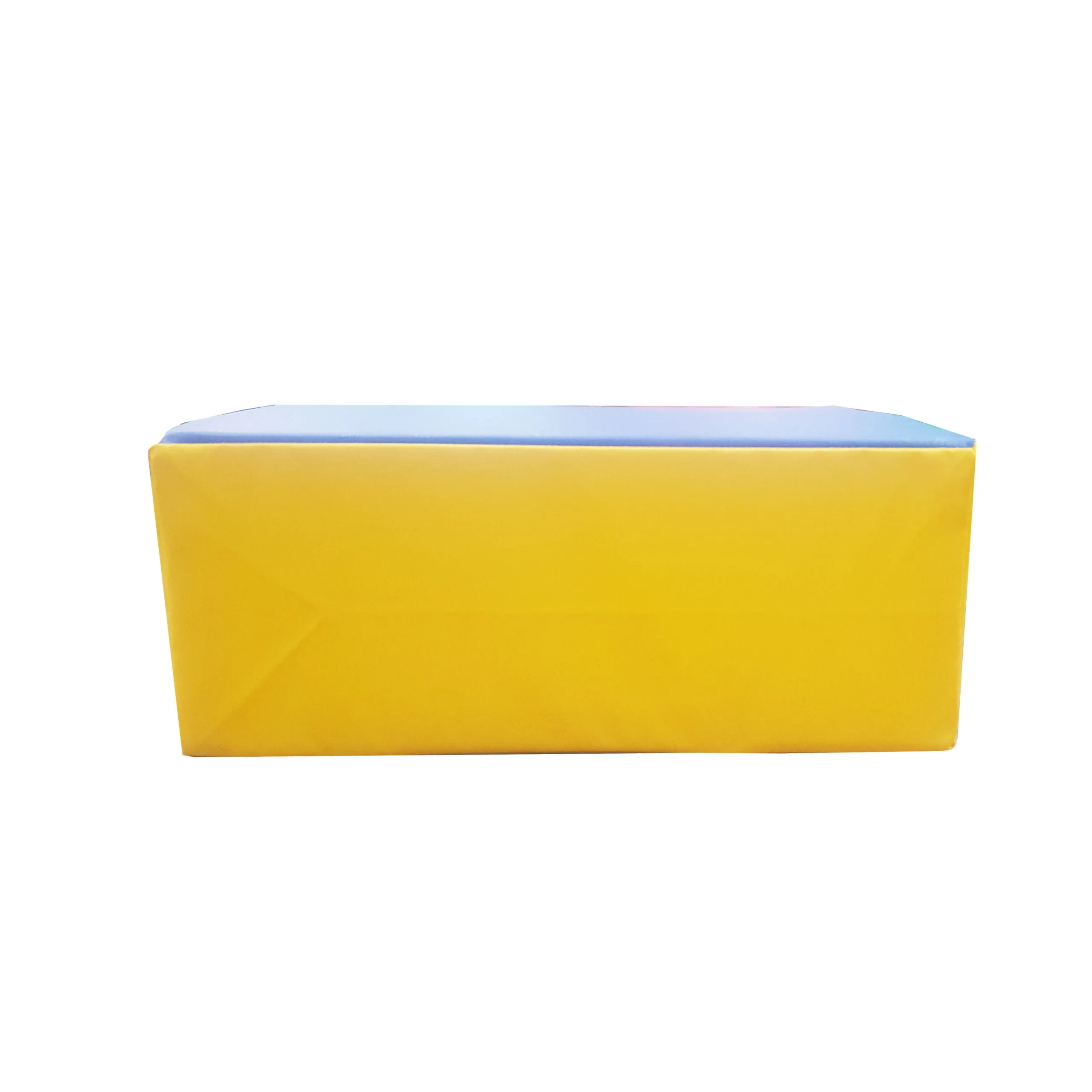 Foam springboard rectangular block with blue top and bottom, yellow sides, high-density PU foam core and flame-retardant PVC cover.