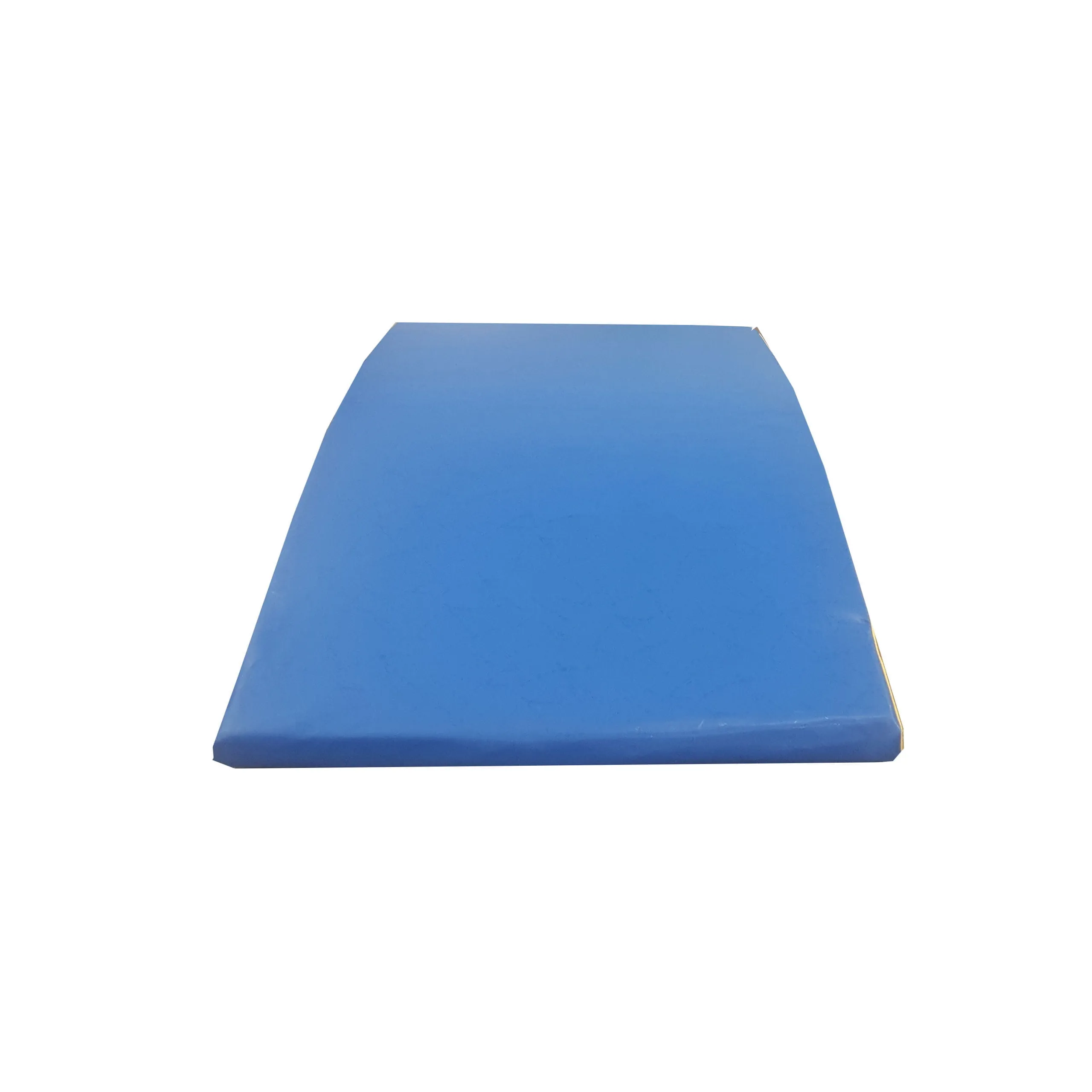 Blue foam springboard with yellow sides and beveled edges on a white background.