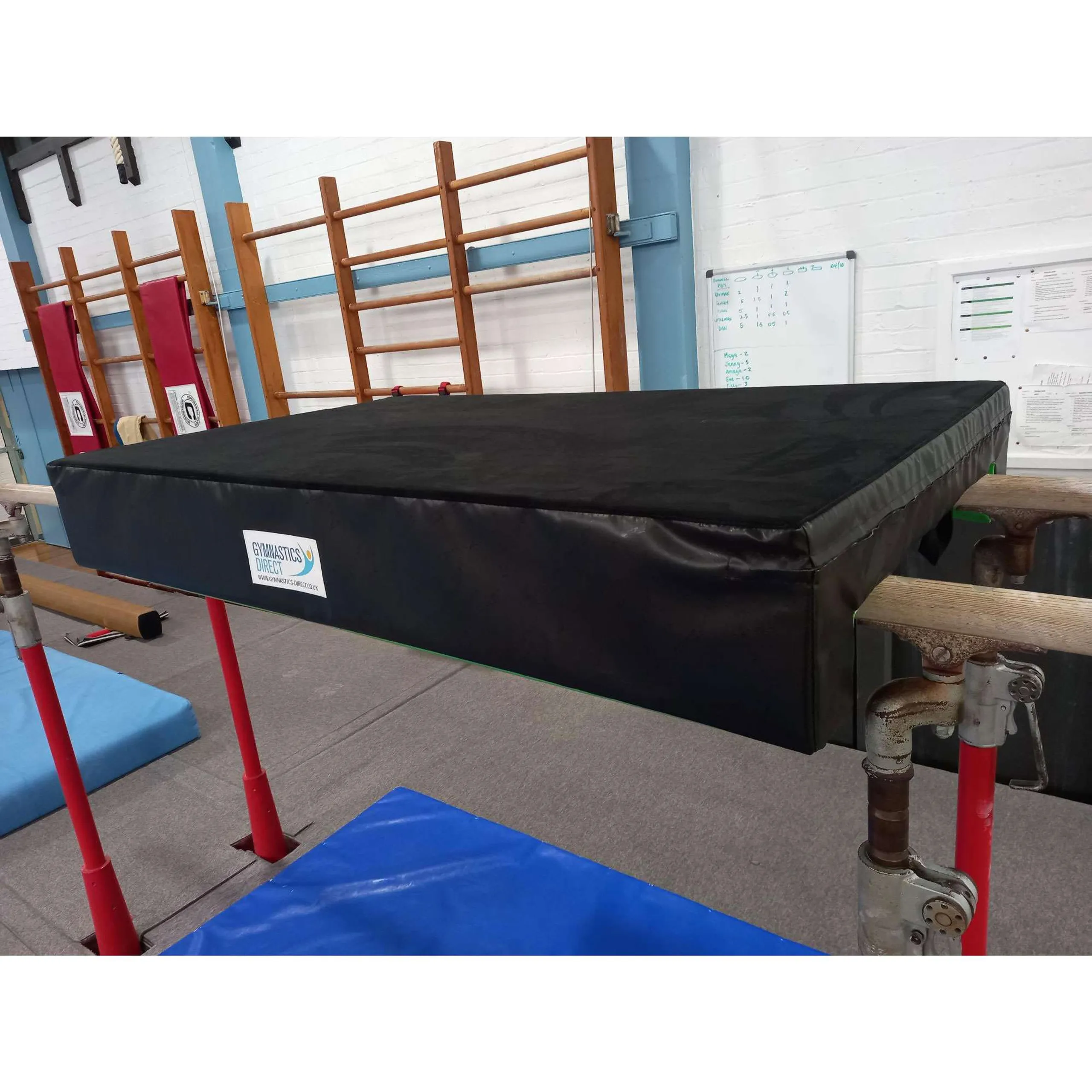 Parallel bars protection mat with jersey top and removable flame-retardant nylon-reinforced PVC zip cover, U-shaped to fit bars with two handles.